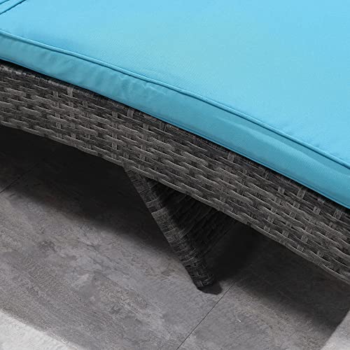 Outsunny Wicker Chaise Lounge, Outdoor Lounge Chair, 5-Level Adjustable Backrest S-Shape Rattan Lounger with Cushion & Wheels for Patio, Deck, Poolside, Sky Blue