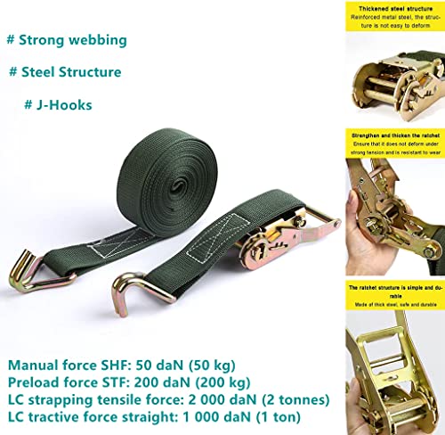 2000kg 6m Heavy Duty Ratchet Tie Down Straps with Adjustable Lashing Metal Claw J-Hooks, Green Tensioning Belt 38 mm for Material Handling Lawn Camping Moving Motorcycle Kayak Luggage Cars Roof Rack