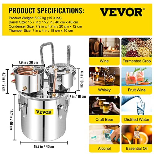 VEVOR Moonshine Still Distiller 50L Stainless Steel Water Distiller Copper Tube with Circulating Pump Home Brewing Kit Build-in Thermometer for DIY Whisky Wine Brandy Spirits (50L)