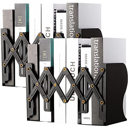 Chitidr 2 Pieces Adjustable Bookend Expandable Metal Bookend Desktop Book Stand Magazine File Organizer Holder Nonslip Book Stander with 2 Divider for Home Office School Library, Extends up to 19 Inch