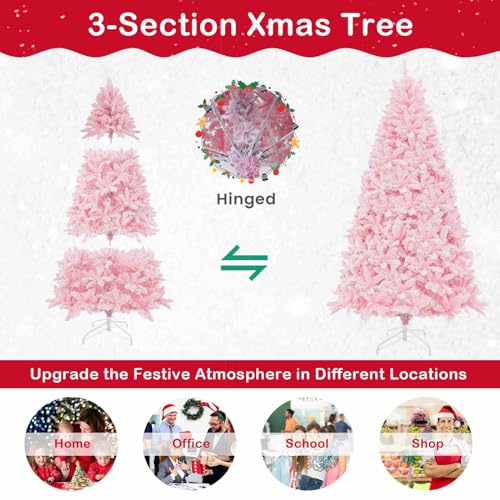 Costway 215 cm Pink Flocked Christmas Tree, Hinged Xmas Tree with 1200 PVC Branch Tips, 500 LED Lights & 8 Lighting Modes, Pre-Lit Decoration Tree for Home, Office & Carnival, Easy Assembly