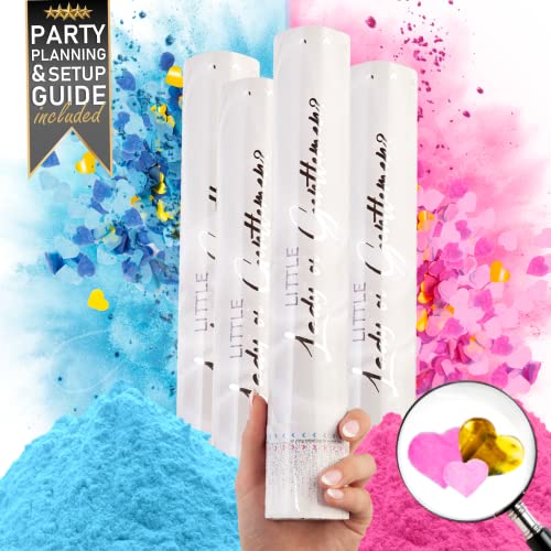 Gender Reveal Confetti Cannon - 4 Pack - Pink and Blue Heart Shape Paper Gender Reveal Cannons and Biodegradable Gender Reveal Smoke Bombs | Gender Reveal Powder Cannon | Gender Reveal Powder Poppers