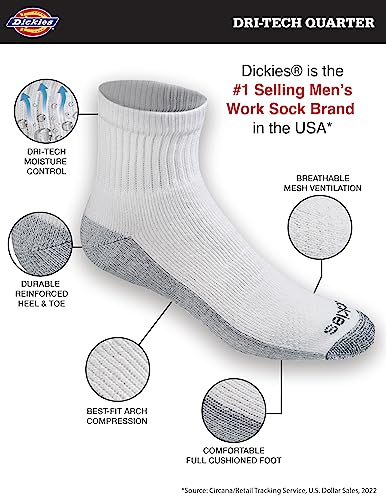 Dickies Men's Dri-Tech Moisture Control Quarter Socks Multi-Pack, White (6 Pairs), Shoe Size: 6-12