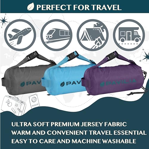 PAVILIA Travel Blanket Airplane Compact with Bag, Soft Packable Plane Blanket Kids Adults, Portable Camping Flight Essentials, Travelers Gifts Accessories, Luggage Backpack Strap, 65x40 Navy Blue