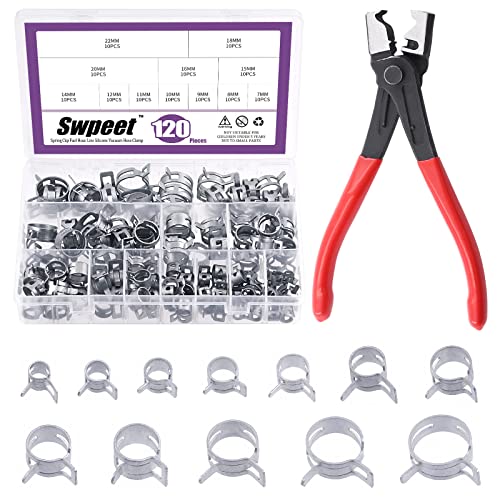 Swpeet 121Pcs 7-22mm Dacromet Spring Band Hose Clamps with CV Boot Hose Clip Pliers Assortment Kit, Silicone Vacuum Hose Action Pipe Clamp Low Pressure Air Clip Clamp for Hose Clamps