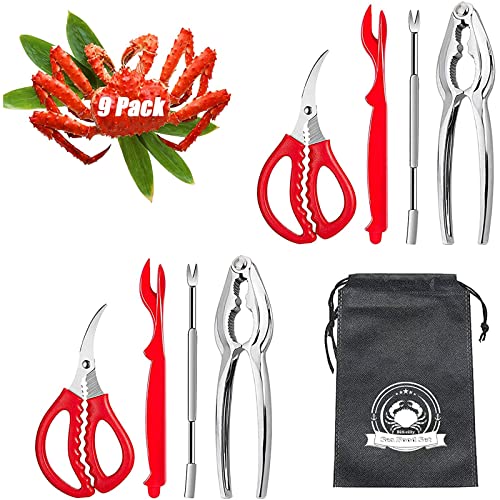 (Red) - 9Pcs Seafood Tools Set Crab Lobster Crackers Stainless Steel Forks Opener Shellfish Lobster Crab Leg Sheller Nut Crackers