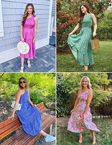 ZESICA Women's 2024 Bohemian Summer Floral Print One Shoulder Sleeveless Smocked Ruffle Tiered Beach Long Midi Dress, Brightpink, Medium
