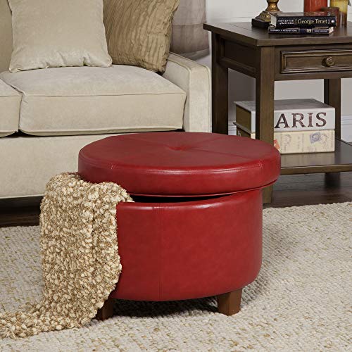 HomePop Round Leatherette Storage Ottoman with Lid, Cinnamon Red Large