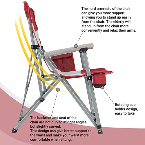 KingCamp 2 Pack Camping Chair for Adults with Arm Rest and Cup Holder Portable Camping Chair Support 300LBS Heavy Duty Folding Camp Chair for Lawn Outdoor Sports Travel (Red&Gray)