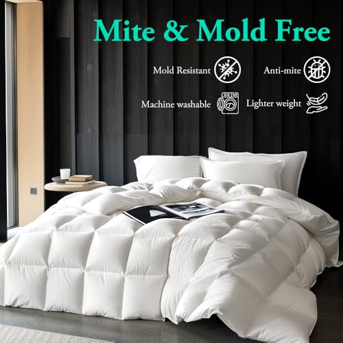 ZUNI Goose Feather Down Comforter King Single, 500GSM All Seasons Goose Quilt, 100% Cotton Cover, Lightweight Soft Cotton Cover Home Bedroom Bed Travel Hotel Bed Comforter, Machine Washable, White