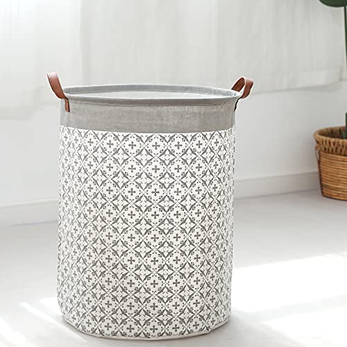 [2 Pack] Large Laundry Hamper Basket, 63L Freestanding Waterproof Clothes Basket, Collapsible Round Bohemia Storage Organizer with Leather Handles for Dirty Clothes, Home Storage (Grey)