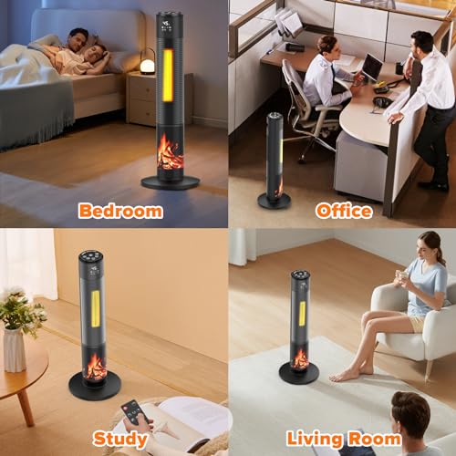 Cobuy Ceramic Heater, 2000W Portable Fan Heater for Bedroom, 3D Electric Fireplace Heater with Thermostat, 65° Oscillation, Tip-over, 8H Timer