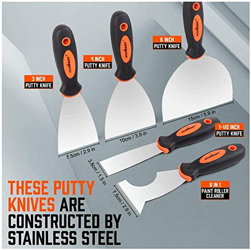 HORUSDY 5-Piece Putty Knife Set, Stainless Steel Scrapers, Heavy Duty Non-Slip Handle 1.5", 3", 4", 6"and 3" 6 in 1 Painters Tool. Perfect for Taping, Scraping Paint, Drywall Spackle