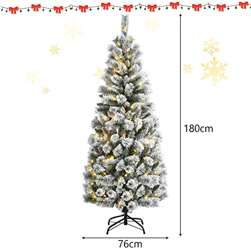 Costway 1.8M/6 ft Pre-lit Snow Flocked Christmas Tree with 9 Lighting Modes and Color Changing LED Lights, Artificial Xmas Hinged Tree with Remote Controller, Xmas Pine Tree Christmas Decoration for Home, Office, Party