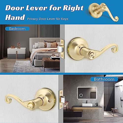 Bonpoly 6 Pack Gold Door Handles, Wave Style Door Lever Privacy Door Handle, Keyless Interior Lever for Bedroom Bathroom, Satin Brass Finish