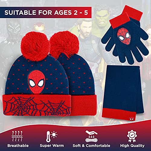 Marvel Spider-Man Kid’s Winter Hat Snow Gloves and Scarf for Boys and Toddlers 3 Pc Set Warm Pom-Pom Beanie with Accessories