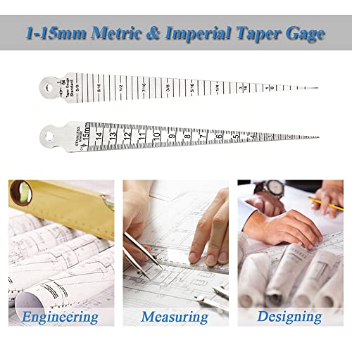 Bestgle Taper Gauge, 1-15mm Stainless Steel Tapered Gauge Depth Welding Test Spark Plug Gap Ruler Hole Depth Inspection Tool Inch & Metric Tapering Measurement