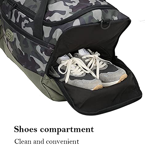 Skechers 50l Travel Duffel Bag with Shoes Compartment,Large Gym Duffel Bag for Men, Waterproof Sport Duffel Bag for Holiday/Weekender/Overnight/Gym/Sport/Fitness-Camo Brown(Army Green)