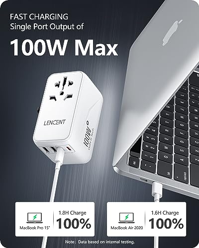 LENCENT Universal Travel Adapter, 100W GaN3 International Adaptor with 2 QC4.0 USB-A+2 PD3.0 Type-C PPS Fast Charging, Worldwide Wall Charger for Phone, Laptop, Plug Adapter USA/UK/EU/AU