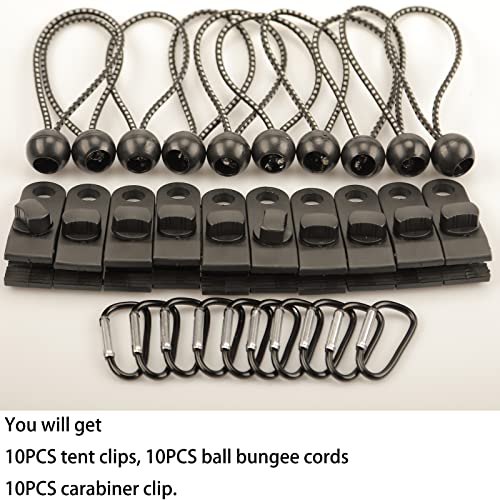 10pcs Tarp Clips Heavy Duty Lock Grip with 10pcs Ball Bungee Cords, 10pcs Carabiner Clip, Fixed Plastic Linoleum Tent Clips Tarp Clamps Tent Fasteners,Tarpaulin Canvas Clips for Awning Outdoor Camping