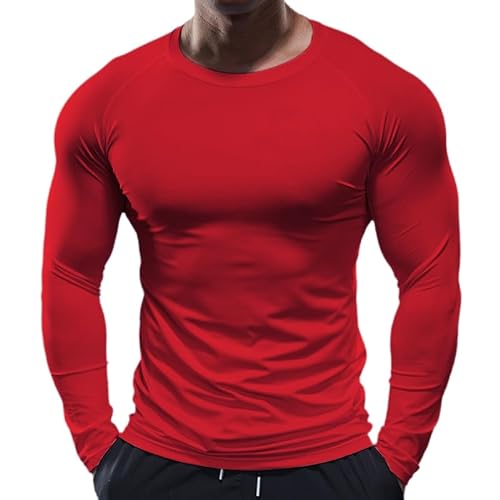 Muscle Alive Men's Fitness Long Sleeve Shirts Firm Compression Base Layer Bodybuilding Tops Polyester and Spandex, 9309 Red, M