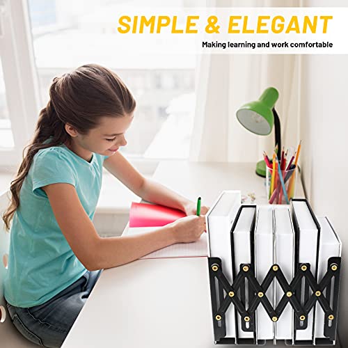 Chitidr 2 Pieces Adjustable Bookend Expandable Metal Bookend Desktop Book Stand Magazine File Organizer Holder Nonslip Book Stander with 2 Divider for Home Office School Library, Extends up to 19 Inch