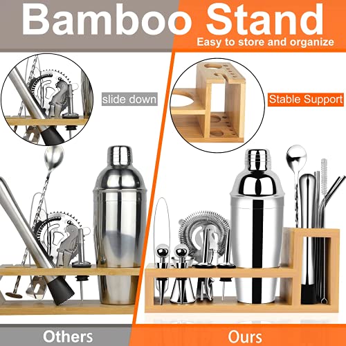 BRITOR Cocktail Set Cocktail Shaker Set,17 Piece Stainless Steel Bartender Kit with Bamboo Base Kitchen Accessories Cocktail Shaker Bar Tool Set with Recipe Book