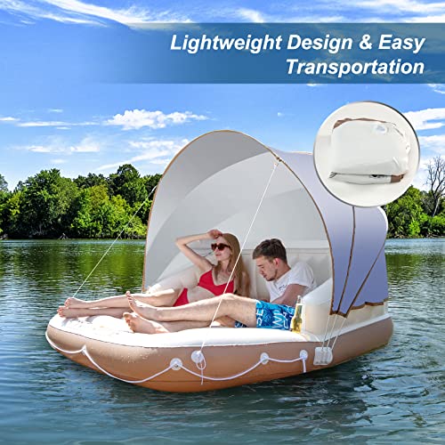 Costway Canopy Island Inflatable Pool Float Lounge, Swimming Raft Lounge w/High Backrest Armrest Adults & Kids, Inflatable Pool Floating Lounge Chair w/ 2 Cup Holders Retractable Canopy Beach Seaside