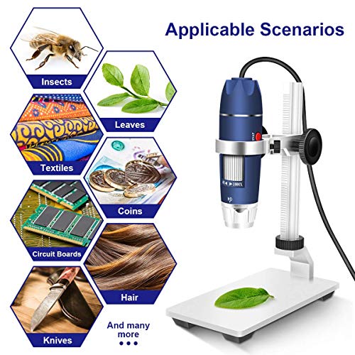 Jiusion HD 2MP USB Digital Microscope 40-1000X Portable Magnification Endoscope Camera with 8 LEDs Aluminum Alloy Stable Stand for OTG Android Mac Windows 7 8 10 Linux