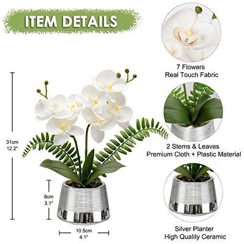 White Orchids Artificial Flowers in Silver Pot Faux Phaleanopsis Orchid Bonsia Fake Orchid Centerpiece for Dining Room Table