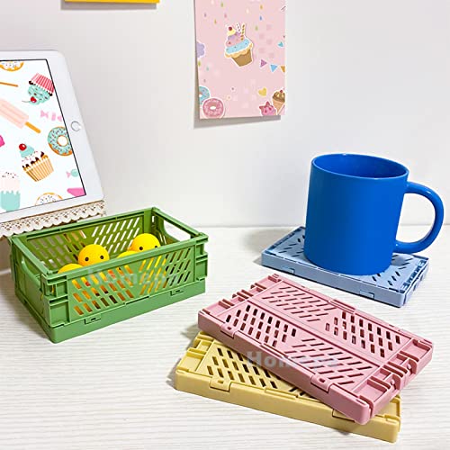 4Pcs Mini Foldable Desk Crates Storage Box, Plastic Stackable Table Basket Organizer , Mini Storage Baskets for Office Kitchen Bathroom(5.9 x 3.8 x 2.2 inch)