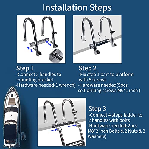 Geloo Bath Ladder Boat Pool Ladder Stainless Steel 4-Stage Pool Ladder for Swimming Pool / Deck / Boat Yacht Cover Ladder Floating Ladder Load Capacity 200 kg with Non-Slip Steps with Handrail