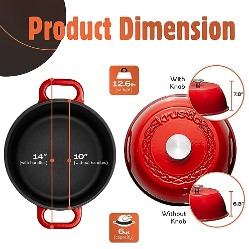 Krustic Enameled Cast Iron Dutch Oven for Sourdough Bread Baking | 6 Quart Pot with Lid | 10 Inch Ceramic Enamel Thick Coated Cookware Set with Non Stick Silicone Baking Mat for Cooking | 6 Qt | Red
