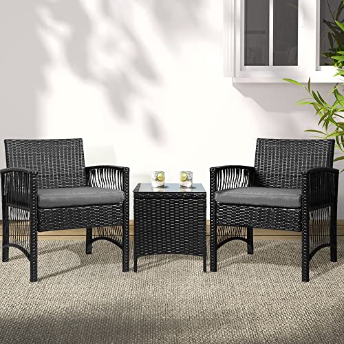 Gardeon 3pcs Wicker Patio Furniture, Bistro Set Table and Chairs Outdoor Lounge Setting Conversation Sets Dining Chair Garden Backyard, Cushion with Coffee Table Glass Tabletop Variegated Rattan Black