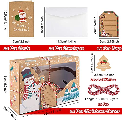 Christmas Cookie Box with Window, Fyvadio 12 Pack Cookie Box Food Grade Kraft Paper Baking Box with Snowman Santa Design for Packaging Cakes, Biscuits, Desserts, Donuts, Pastries at Christmas Parties