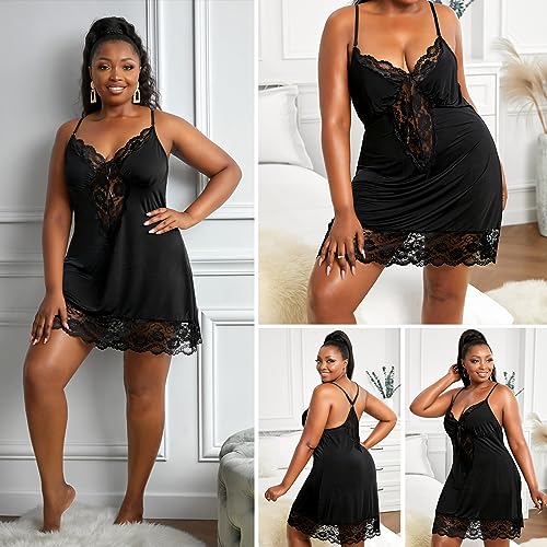 ZPLxi Lingerie Plus Size Lace V-Neck Babydoll Halter Chemise Mini Teddy Nightdress Backless Loose Satin Pajamas Mesh Sleepwear Dress for Women Girls Black