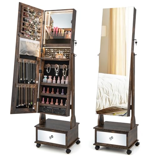 Giantex Standing Jewelry Armoire, Lockable Movable Jewelry Organizer w/Full-Length Mirror, Vanity Mirror, 3-Color LED Lights, Shelves & Drawers, Jewelry Cabinet w/Wheels & Adjustable Angles (Coffee)