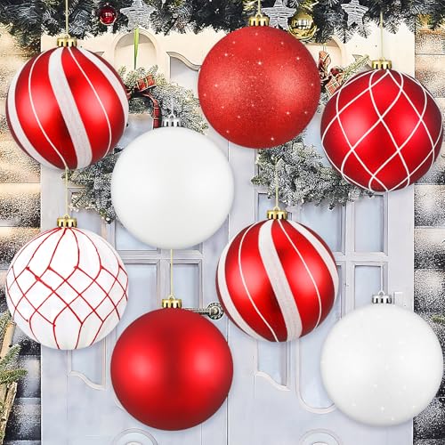 Wettarn Set of 8 Large Christmas Ball Ornaments 6 Inch Glitter Hanging Christmas Plastic Balls Indoor and Outdoor Hanging Christmas Tree Decorations for Lawn Yard Garden Party(Red and White)