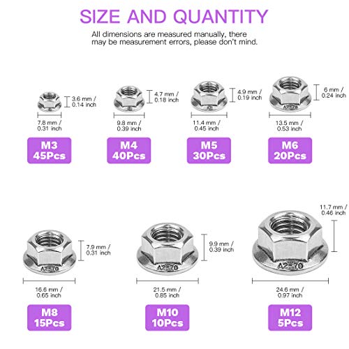 Swpeet 165Pcs 304 Stainless Steel Serrated Metric Flange Nuts Hex Lock Nuts Assortment Kit, 7 Sizes - M3 M4 M5 M6 M8 M10 M12 B07H9ZMJYZ B07H9ZMJYZ B07JHW8WZJ