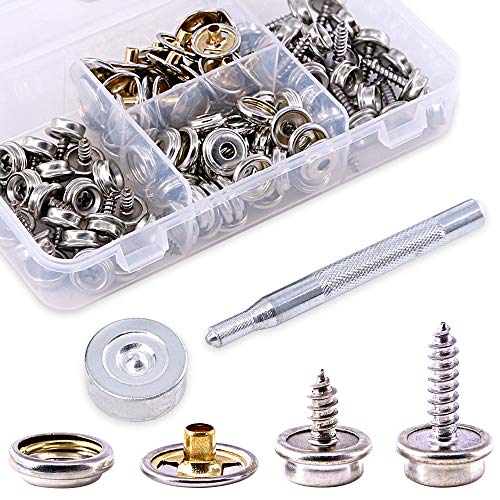 Glarks 120-Pieces Stainless Steel Marine Grade Canvas and Upholstery Boat Cover Snap Button Fastener Kit with 2Pcs Setting Tool (40 Sets)- Silver
