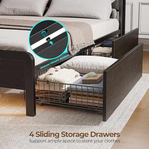 Rolanstar Bed Frame Queen Size with Charging Station and LED Lights, Upholstered Storage Headboard with Drawers, Heavy Duty Metal Slats, No Box Spring Needed, Noise Free, Easy Assembly, Dark Grey