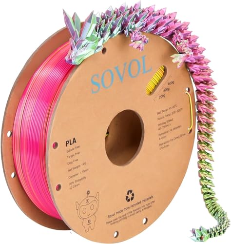 Sovol Silk PLA Filament 1.75mm, Tri Color Rose Blue Yellow Co-Extrusion Material Dimensional Accuracy +/-0.03mm, 1kg/2.2lbs