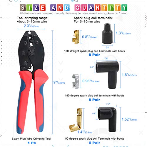 Glarks 25Pcs Ratchet Spark Plug Wire Crimper and 180 Degree/90 Degree/Straight Spark Plug Coil Terminals Boots Set for Crimping and Stripping Spark Plug Ignition Wire