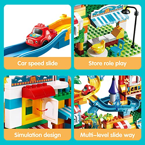 REMOKING Building Blocks Marble Run, Educational Compatible Blocks Models with 4 Cars, Learning Car Track Contruction Toys Set, Great Gifts for Kids 3 Years and up（213Pcs）