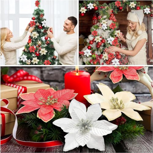 iDopick 24 Pieces 13cm Christmas Poinsettia Artificial Christmas Flowers Decorations Glittering with Clips for Xmas Wedding Party Tree Wreath Ornaments Glitter