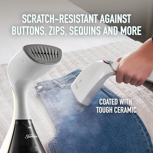 Sunbeam Power Boost Handheld Garment Steamer | 2100W, 90g/Min Steam Shot Clothes Steamer, Fast Heat Up Travel Steamer, Durable Scratch Resistant Cermaic Plate, White & Gold SCG2000