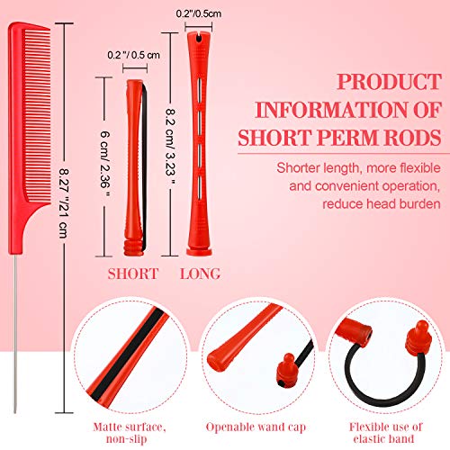 60 Pieces Short Hair Perm Rods Cold Wave Rods Plastic Perming Rods Hair Curling Rollers Curlers with Steel Pintail Comb Rat Tail Comb for Hairdressing Styling Supplies (Red,0.2 Inch)