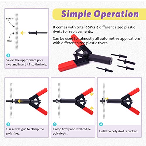 Swpeet 131Pcs Poly Rivet Gun Set with 1Pcs Rivet Removal Tool, 90Pcs Poly Rivet Assortment Kit Tool for All Plastic Rivets Safe Metal or Plastic Clips Removal - Free Fastener Remover Included