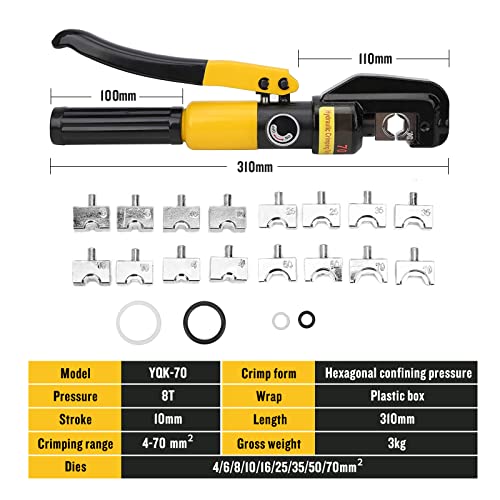 8T Hydraulic Crimping Tools YQK-70 Hydraulic Compression Plier Hydraulic Hand Crimper Tool Set with 9 Pairs of Dies Range 4-70mm²