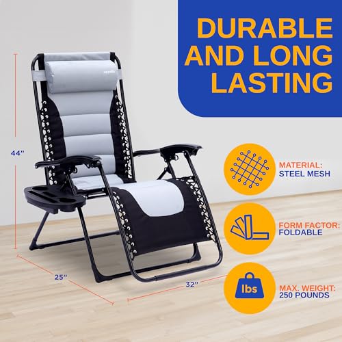SereneLife Foldable Outdoor Zero Gravity Padded Lawn Chair, Adjustable Steel Mesh Recliners, w/Removable Pillows and Cup Holder Side Tables, Gray and Black